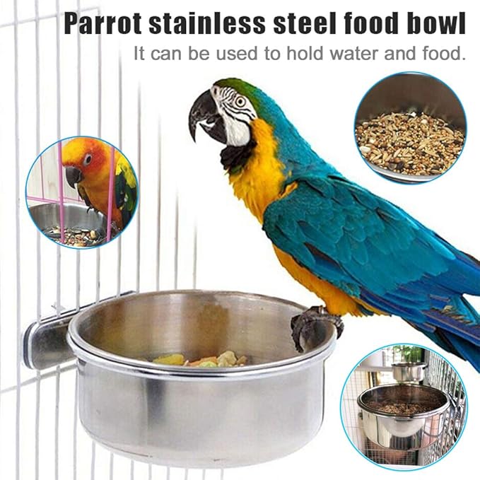 PINVNBY Stainless Steel Food Bowls for Birds,Bird Feeding Dish Cups Parrot Water Feeder Bowl with Clamp Holder Paw Grinding Perches for Budgies Parakeet Macaw Small Animal(5 Pack)