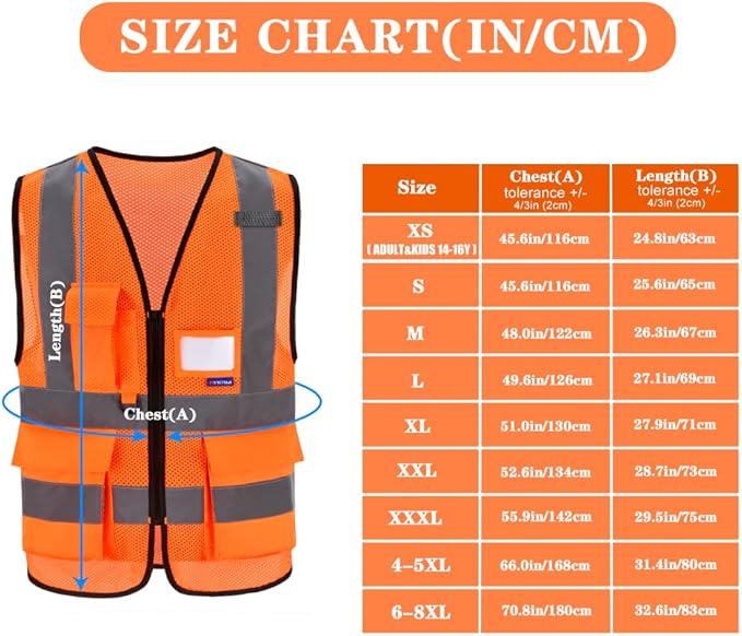 A-SAFETY High Visibility Mesh Safety Reflective Vest with Pockets and Zipper,Hi Vis Viz Reflective Safety Vest(Orange Mesh 4XL-5XL)