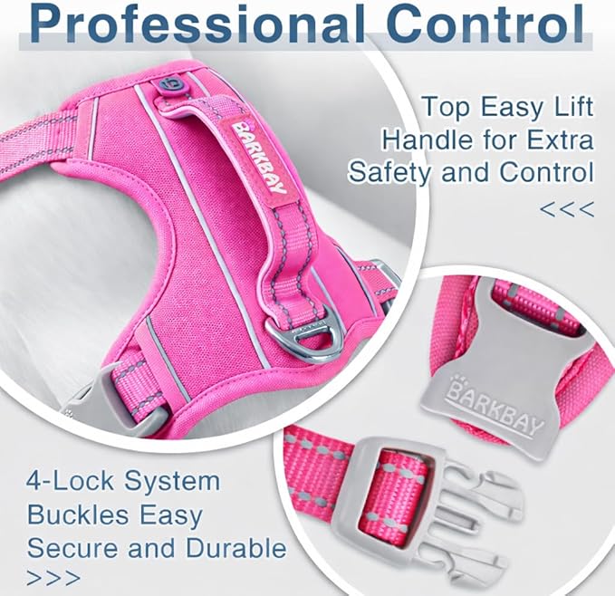 BARKBAY Dog Harness No Pull Oxford with ID Tag Pocket - Heavy Duty, Reflective, Easy Control for Large Dogs(Pink Oxford,L)