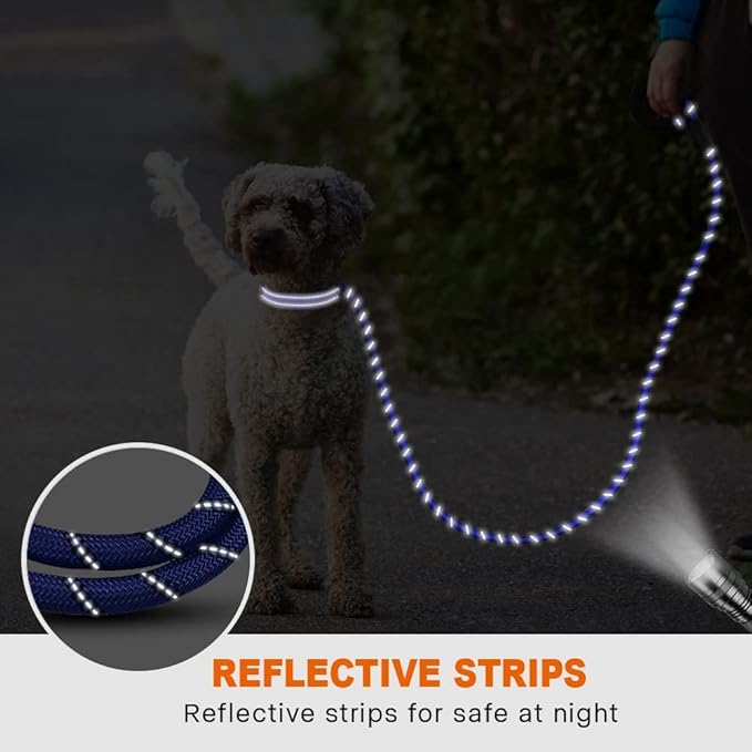 Taglory Rope Dog Leash 5 FT with Comfortable Padded Handle, Highly Reflective Threads Leash and Anti-Tangle Clip for Walking Small Dogs, 3/8 inch, Navyblue