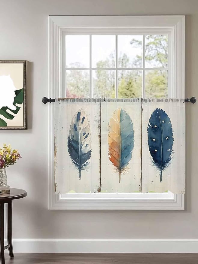 Sheer Curtains 54 Inch Length, Boho Ombre Vintage Wooden Grain Privacy Voile