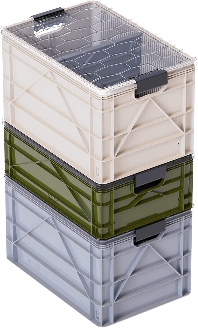 SIDIO CRATE Starter Pack - Two Full Size and One Half Size SidioCrate, Stackable Outdoor Organizer Storage Bins with Clear Lid and Dividers - CAMO Variety Pack