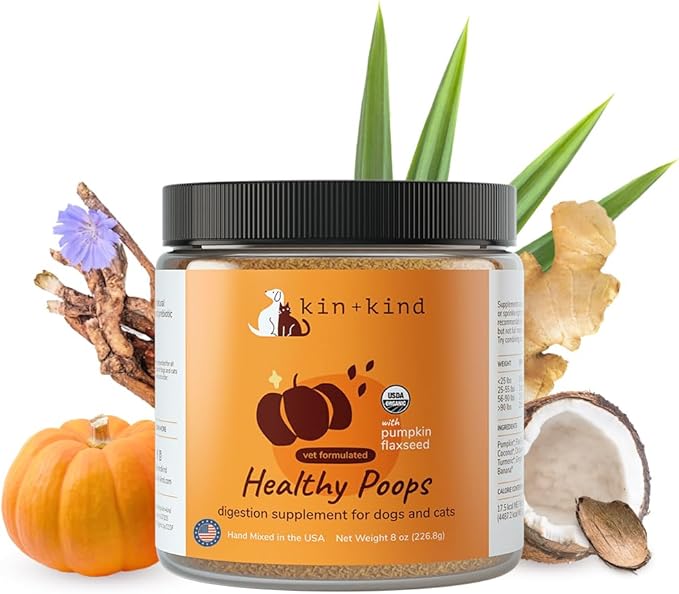 kin+kind Organic Pumpkin Powder for Dogs & Cats for Healthy Poop - Made in USA - Natural Pumpkin Powder Formula w/Flax Seed, Ginger, Turmeric & Coconut - Nutritional Supplement - Large 8oz