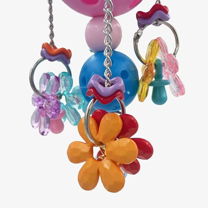 Pullable Bird Plastic Ball Toys with Acrylic Pacifiers and Flowers, Colorful Parrot Toys for Medium and Large Parrot Quaker Monk Parakeet Sun Conures (Pink)