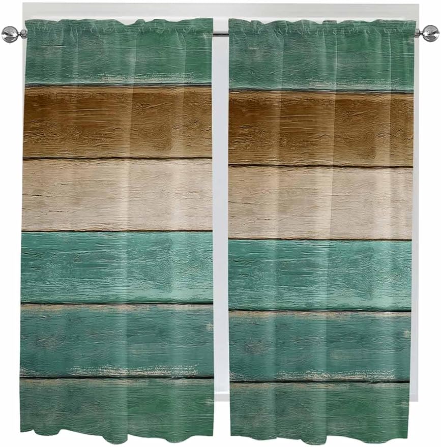 Vintage Plank Turquoise Brown Window Valance Curtains, Farmhouse Wood Grain