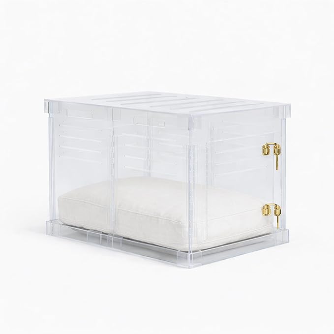 Clear Acrylic Small Dog Crate Furniture with Linen Cushion for Small Dogs up to 22 lbs, 3 in 1 Pet Crate and Gate, Modern Furniture Style Indoor Kennel, Dual Gold Latch, 16 x 24 x 18 in