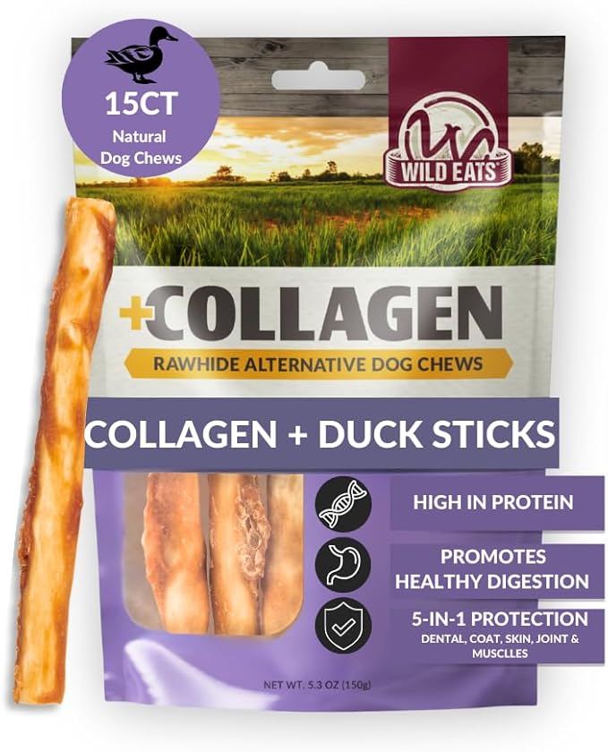 Wild Eats Real Duck Collagen Retriever Sticks for Dogs, (15 Count), Long Lasting Dog Chews, No Hide Dog Treat Bully Stick Alternative, Rawhide Free, Low Fat, High Protein, Grain Free