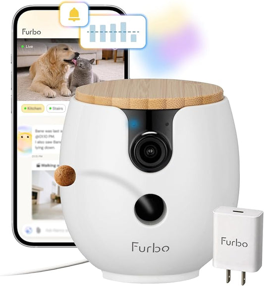 Furbo Mini 360° 2K QHD Pet Camera + Power Adapter - Unlock w/Paid Plan: Dog & Cat Safety Alerts, Smart Cam Rotating Treat Toss w/2-Way Speaker (Low Risk Subscription Required, 3mo Min. Cancel Anytime)