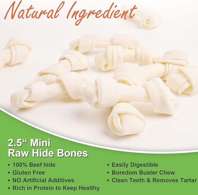 MON2SUN Dog Rawhide Knot Bones Small Rawhide Mini Chew Bones Natural 2.5 Inch 100 Count for Puppy and Small Dogs