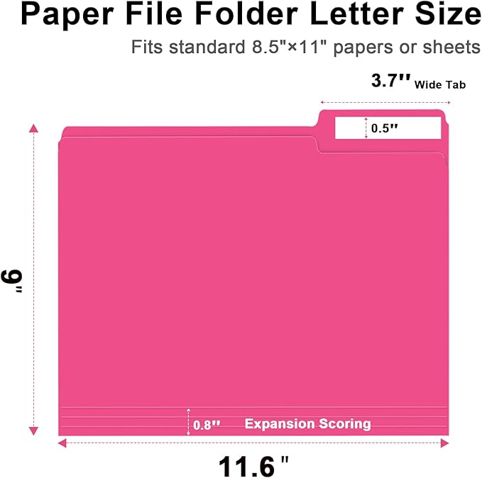 File Folder, RAZCC 150 Pack 1/3 Cut Tab File Folders Letter Size, Magenta, Folders with Tab, Great for Organizing and Easy File Storage