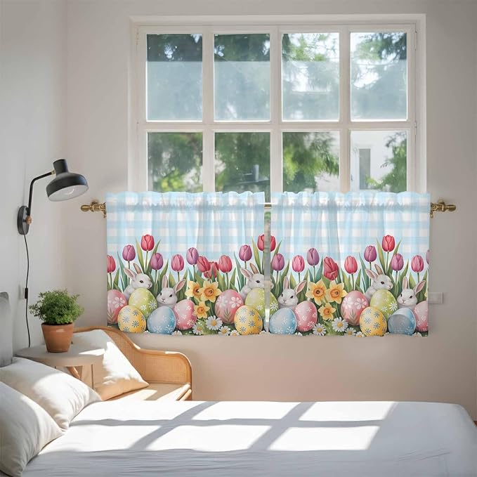 Easter Kitchen Tier Curtains 24 Inch Long 2 Panel Set, Rod Pocket Cafe Small