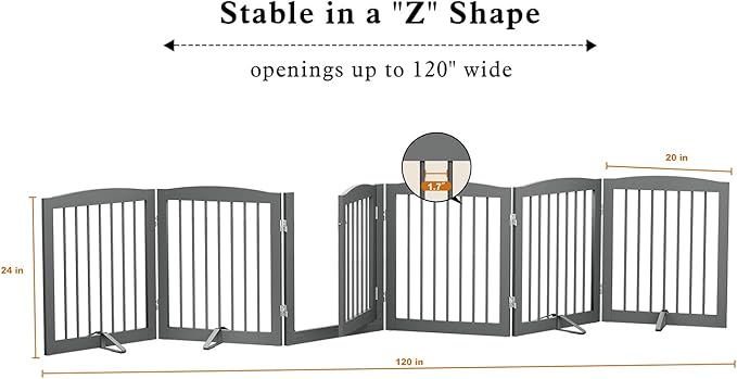 Freestanding Pet Gates with Walk Through Door, Dog Indoor Fence, Dog Gate for The House, Doorway, Stairs, Extra Wide Pet Gate, Support Feet Included, 120 Inch Wide, 6 Panels 24" Tall, Gray