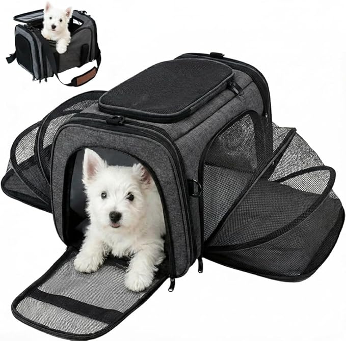 Soft Sided Pet Carrier for Small Dogs & Cats up to 9 Lbs - Breathable 100% Polyester Travel Bag with Luggage Strap & Washable Mat - Airline Approved Underseat Fit - Grey