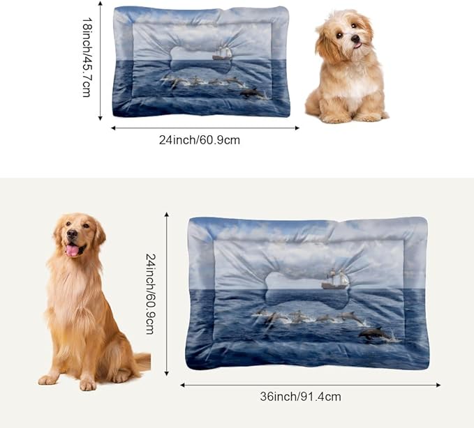 Dolphins Tall Ship Ocean Scene Pet Bed Dog Mat Dog Bed Pad for Crate Washable Non-Slip Cushions for Lining Pet Crates Beds Furniture Crate Mat Tapete para Perros Indoor Outdoor 36X24 Inch