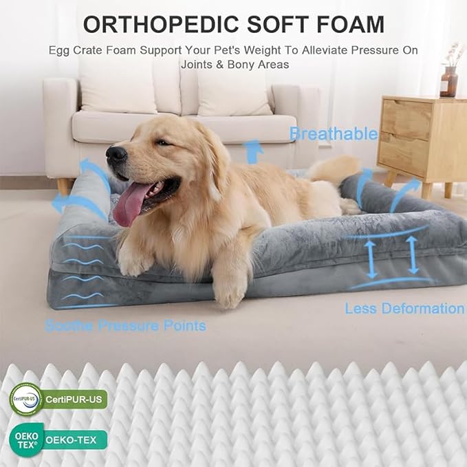 Washable Dog Bed with Plush Cushion – Machine Washable Pet Bed for Medium, Large & Extra Large Dogs – Soft Supportive Indoor Dog Bed