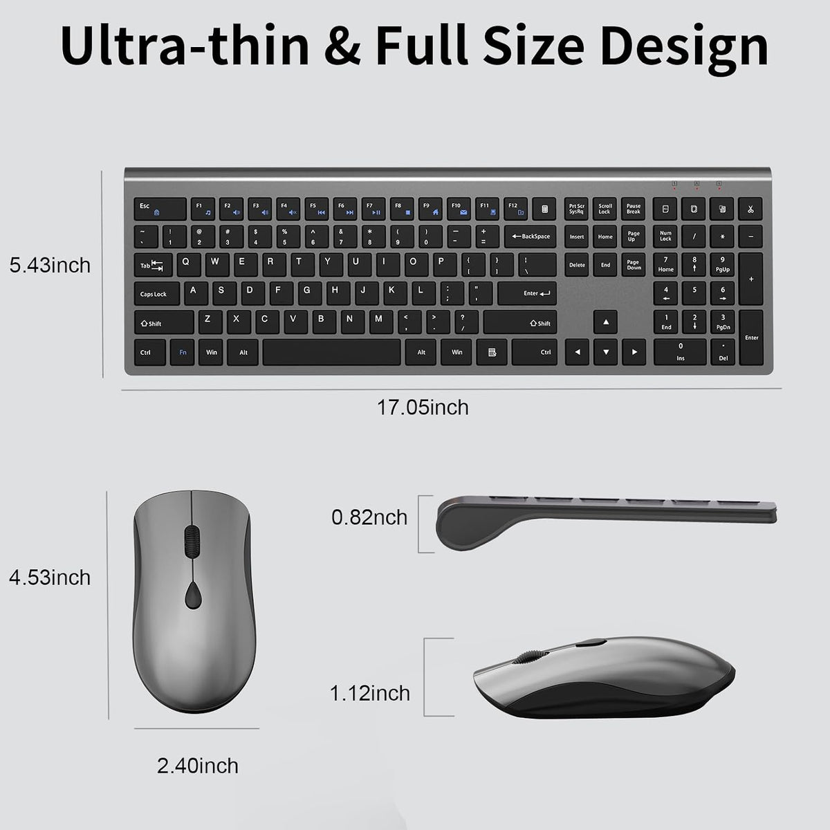 Slim Silent Full Size Wireless Keyboard Mouse Combo Space Grey