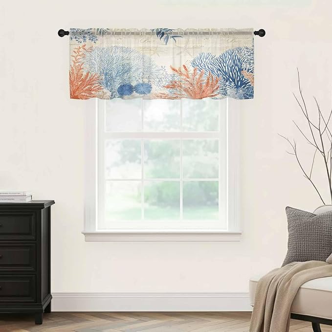 Ocean Corals Sheer Valance Curtains, Summer Beach Coral Sea Stars Retro Texture