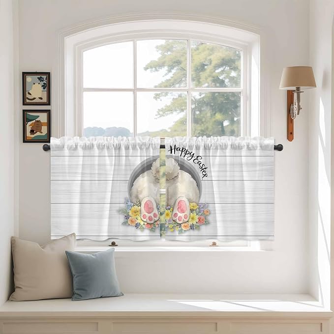 Easter Bunny Kitchen Tier Curtains 36 Inch Long 2 Panel Set, Rod Pocket Half