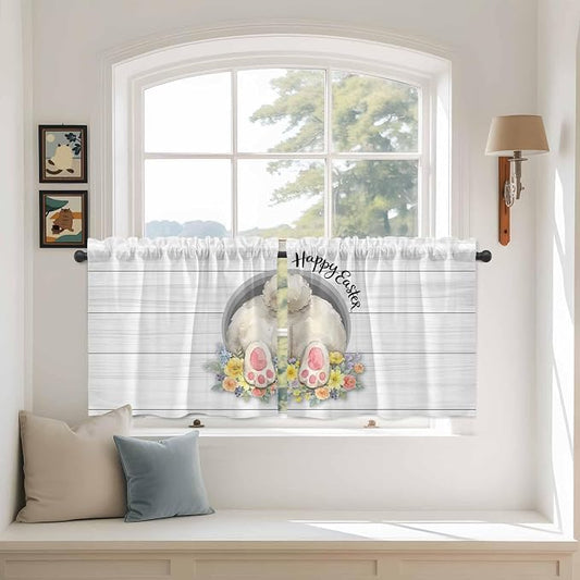 Easter Bunny Kitchen Tier Curtains 24 Inch Long 2 Panel Set, Rod Pocket Cafe