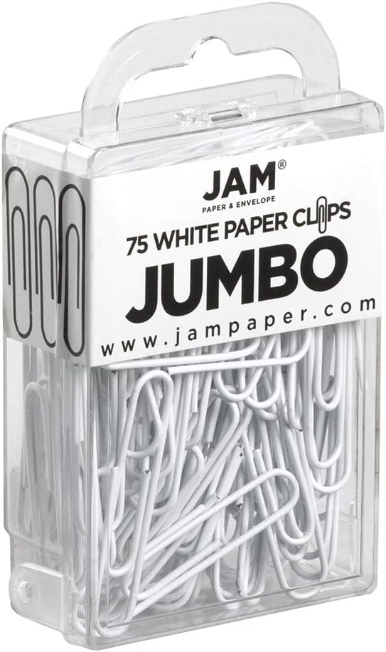 JAM PAPER Colorful Jumbo Paper Clips - Large 2 Inch - White Paperclips - 75/Pack