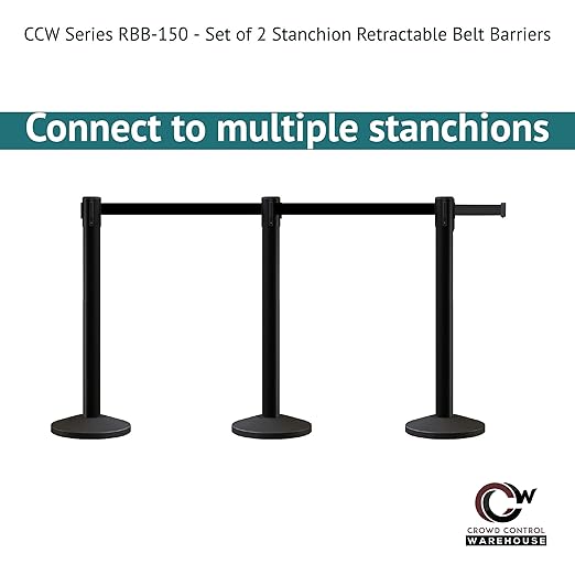 Crowd Control Warehouse CCW Series RBB-150 - Set of 2 Stanchion Retractable Belt Barriers - 16 Foot, RED"Authorized Access ONLY" White Letter Belt with Black Steel Post - Easy Assembly