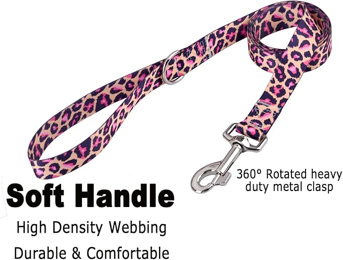 Dog Collar and Leash Set with Bohemia Floral Tribal Geometric Patterns - Soft Ethnic Style Collar Adjustable for Small Medium Large Dogs(Pink Leopard Set,XS)