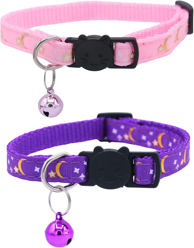 Set of 2: KioKatt Celestial Nylon Cat Collars with Matching Bells – Adjustable Breakaway Safety Collars for Adult Cats, 7–11" (Purple + Pink)