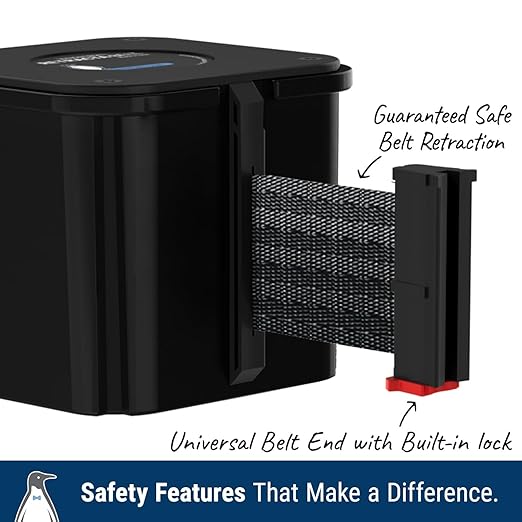 WM412 Retractable Belt Wall Mounted Smooth Black Crowd Control Barrier and Receiving End, 30' Blue Belt