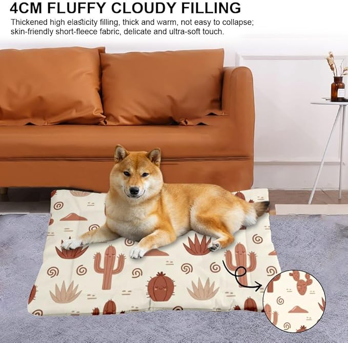 Beige Brown Cute Cactus Washable Dog Bed Mat for Dogs Kennel Pads for Crates Washable Cushion Dog Crate Non-Slip Bed Medium Crate Beds Medium Dogs Patio Mat Cage Small Pets Indoor Outdoor 24X18 Inch