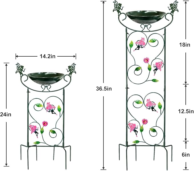 HONGLAND 36.5" Metal Bird Bath with Trellis, Outdoor Garden Birdbath with Detachable Bowl & Climbing Plant Support, Decorative Bird Feeder Station with Fairy for Yard, Patio, Fence