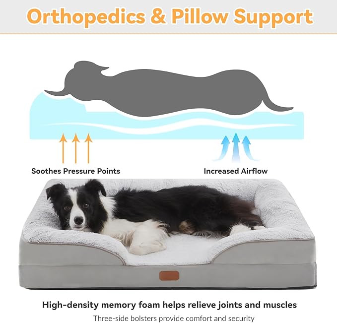 Orthopedic Dog Bed for Large Sized Dogs Waterproof Memory Foam Pet Beds with Nonskid Bottom Washable Dog Couch Bed with Washable Removable Cover Light Grey
