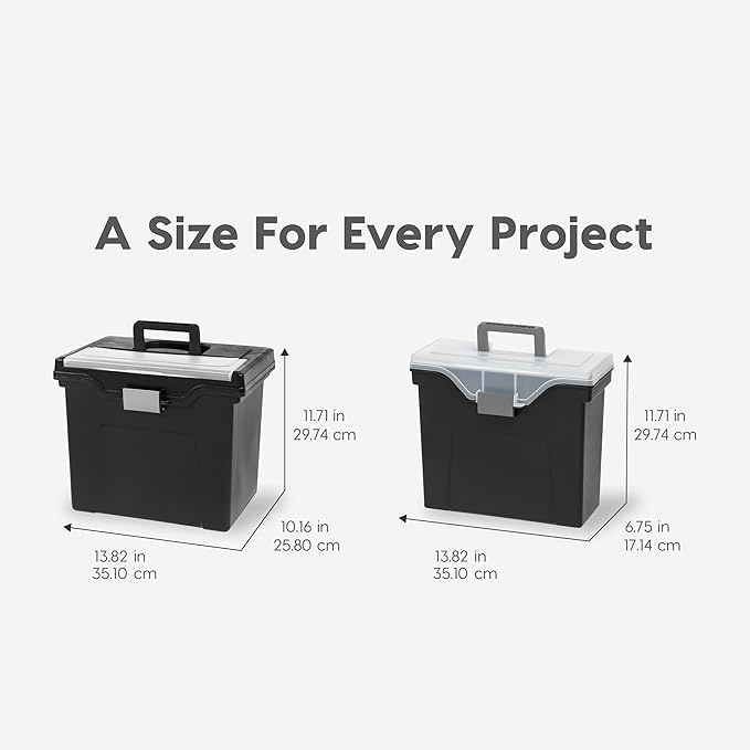 IRIS USA File Box with Lid File Organizer for Letter File w/Organizer-Lid, Water Resistant Document Box, Plastic Mobile Filing Organizer, Secure Buckle, Portable Handle, Lockable, Black 4 Pack
