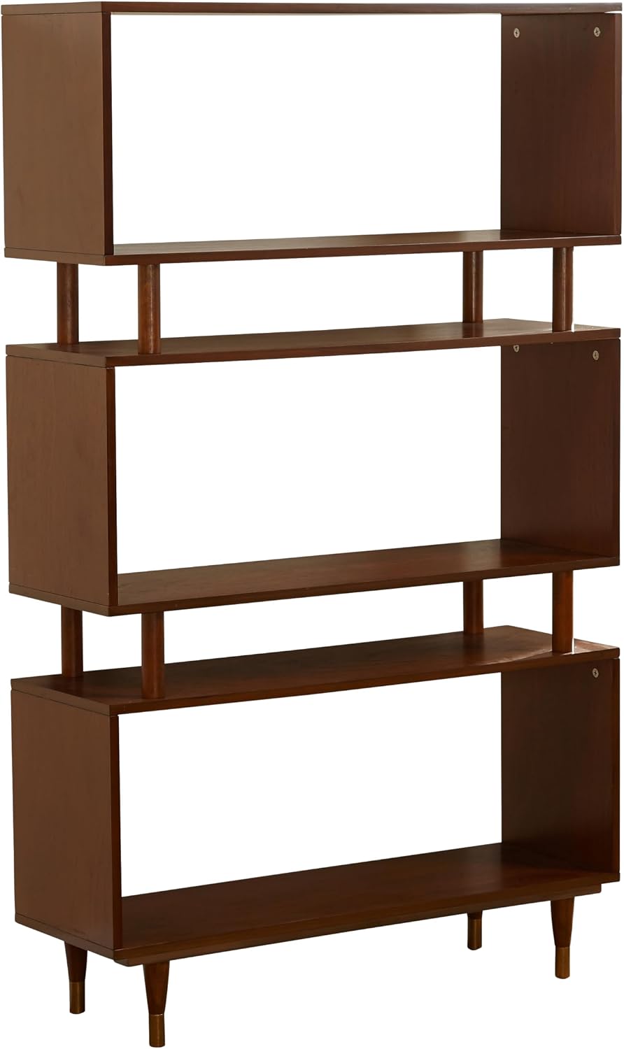 Mesa 3 Tier Bookshelf, Mid Century Bookcase for Living Room, Bedroom Furniture & Home Office, Solid Wood Storage Shelves with Gold Legs, 59.5" Tall Modern Book Shelf, Walnut