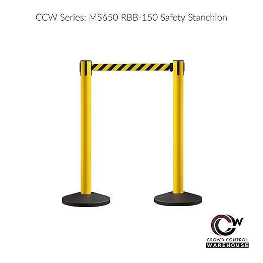 Crowd Control Warehouse CCW Series RBB-150 - Set of 2 Stanchion Retractable Belt Barriers - 16 Foot, Yellow Belt with Orange Post - Easy Assembly