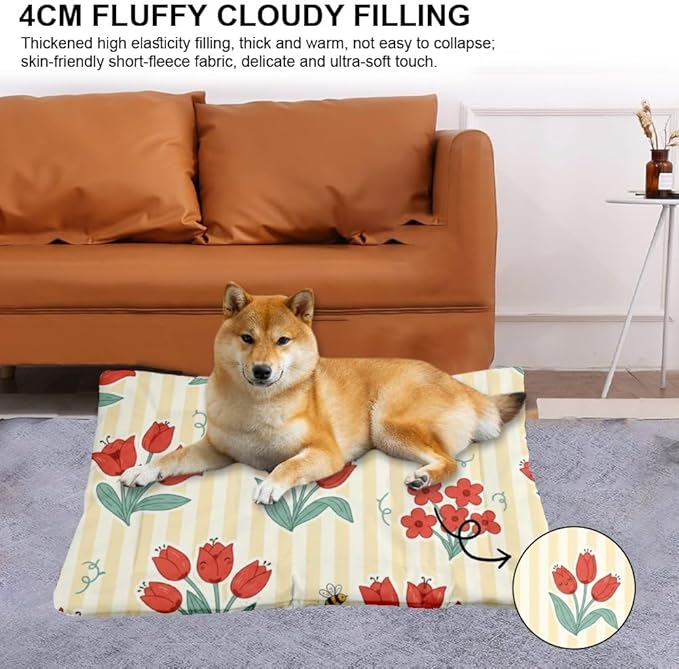 Red Floral Yellow Striped Dog Beds & Furniture Dogbed Mat Machine Washable Dog Crate Pads Crate Bed Washable Non-Slip Puppy Bed for for Small Dogs Mat Pillows Indoor Outdoor 24X18 Inch