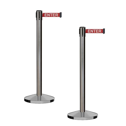 CCW Series RBB-100 - Set of 2 Stanchion Retractable Belt Barriers (9 Foot Belt, Red with"Caution - DO NOT Enter" White Letters Belt with Satin Stainless Steel Post)