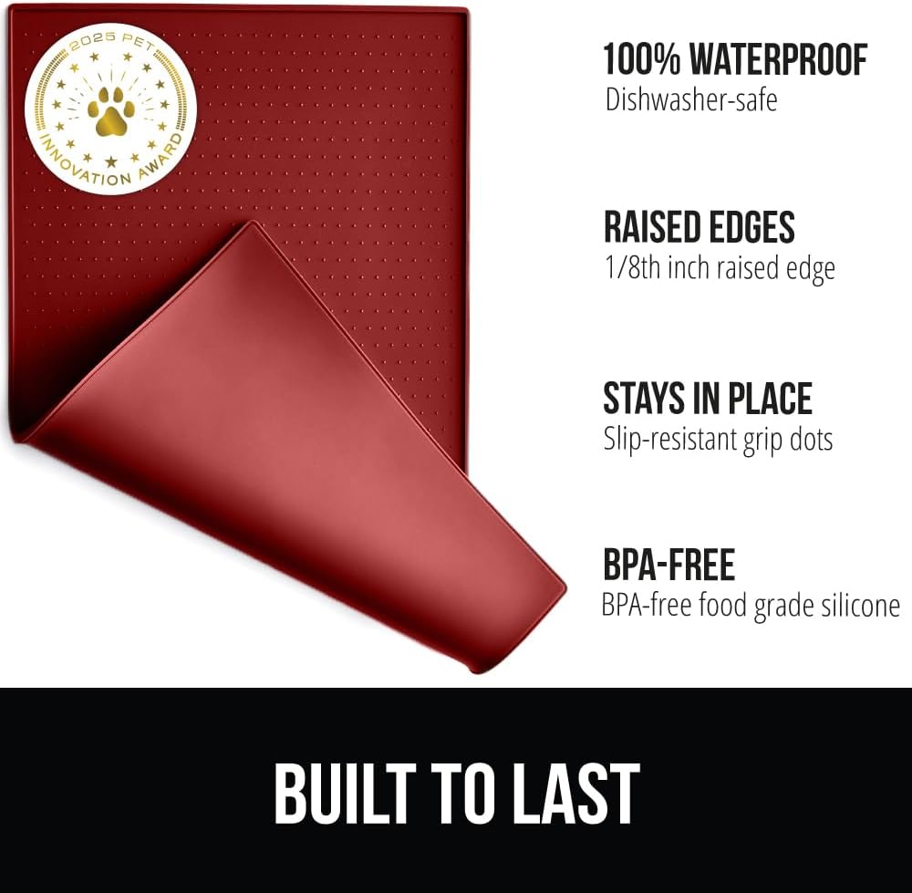 GORILLA GRIP 100% Waterproof Raised Edge BPA Free Silicone Pet Feeding Mat, Dog Cat Food Mats Contain Spills Protects Floors, Placemats for Cats and Dogs Water Bowl, Pets Accessories 18.5x11.5 Red