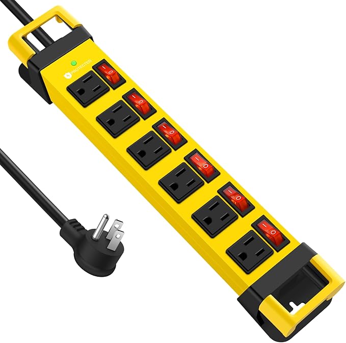 Heavy Duty Power Strip,6 Outlets Metal Power Strip with Individual Switch & Cord Management,Mountable Surge Protector 1200J,10FT Extension Cord(Yellow,10 FT)