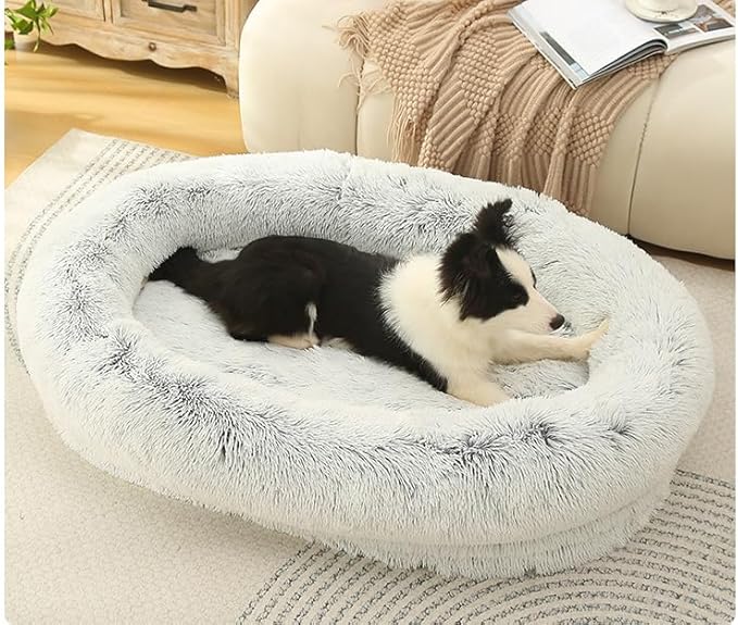 Glow Pups Calming Dog Bed, Egg Crate Dog Bed with Memory Foam Bolster, Luxurious Faux Fur Cozy Oval Design, Machine Washable Removable Cover, Non-Slip Base, Light Grey (23.6" x 19.6" x 7")