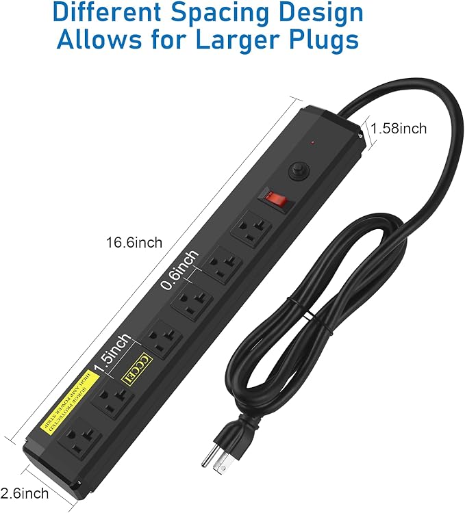 CCCEI Heavy Duty Power Strip Surge Protector 20 Amp, High Amp Industrial Shop Garage Metal Multiple Outlets, 10 FT 12 Gauge 5-15P Extension Cord 6 Outlet 6-20R T-Slot 20a for Appliance. Black.