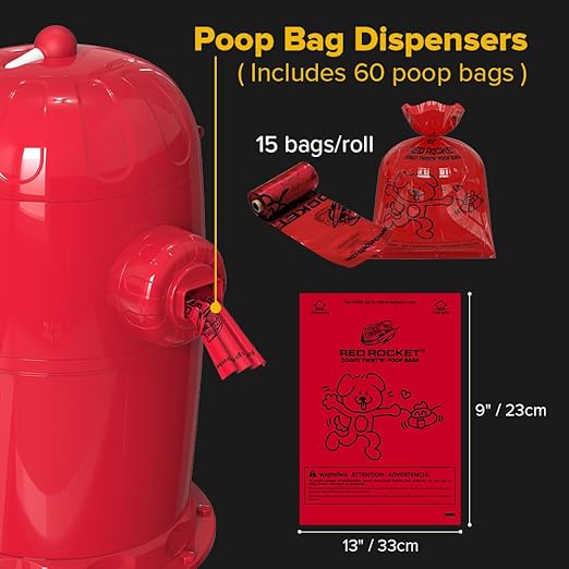 Red Rocket Pets Dog Poop Trash Can Large Doggy Twist'R Pack, 12x Refills Bags 12xPoop bags rolls 6x Charcoal Sachets, No Smell Litter Storage Container, Litter Disposal System