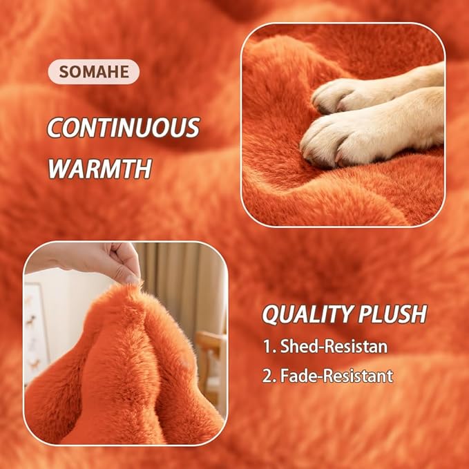 Self-Warming Dog Bed, Plush Faux Fur Mat with Anti-Slip Bottom, Ultra Soft Heated Pet Bed for Medium Large Dogs, Cozy Fluffy Pad for Carriers Couch Crate, Machine Washable, 35 x 27 Inch Orange