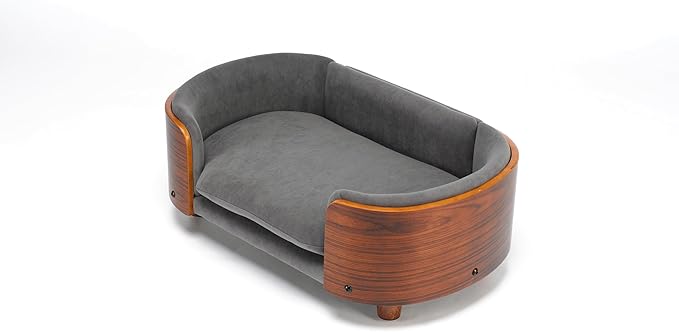 Scandinavian Style Elevated Dog Bed, Pet Sofa with Solid Wood Frame & Walnut Bent Wood Back, Orthopedic Support, Removable Washable Velvet Cover, Small Size, Dark Grey
