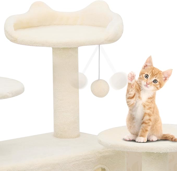Athena Collection Cat Tree, 77 Inch Cat Tower for Indoor Cats, Multi-Level Cat Tree Tower Activity Center with 2 Cat Condo & Cat Scratching Post & Dangling Ball, Tall Cat Tree, Beige