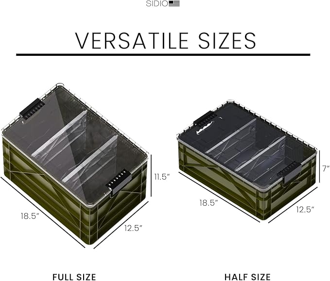 SIDIO Crate Pro Pack - 2 Full-Size & 1 Half-Size Heavy Duty Stackable Storage Bins, Totes and Containers with Lids and Dividers - Durable Plastic Organizer for Home, Office, Garage, and Outdoor Use