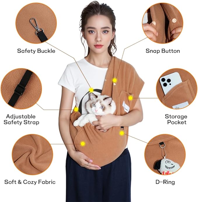 Dog Carrier Sling,Indoor Comfort Adjustable Cat Sling Carrier,with Front Pocket and Seat Belt Dog Carriers for Small Dogs Machine Washable,Suitable for Family Outdoor Use (Large, Khaki)
