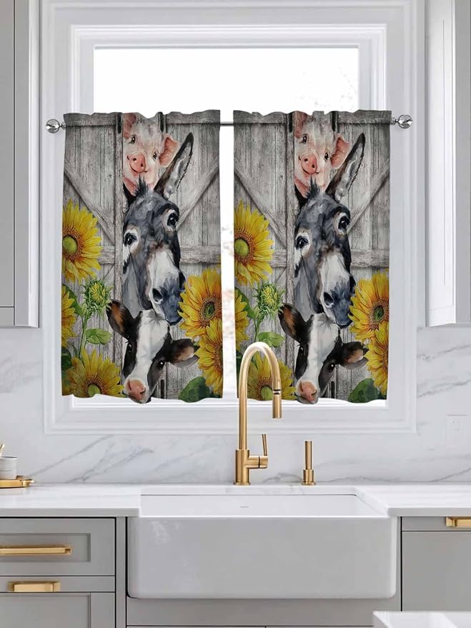Farmhouse Kitchen Curtains 54 Inches Length, Vintage Sunflowers Animals Printed