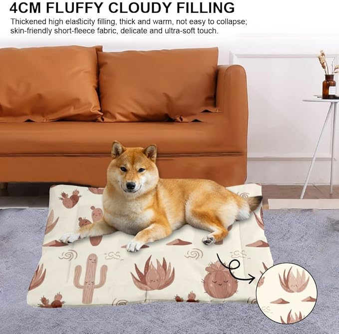 Beige Brown Cute Cactus Dogs Bed Dog Crate Mat Washable Bed Pad Crate for Dogs Washable Non-Slip Pet for Small Dog Beds Pet& Mat Tapete para Perros Indoor Outdoor 24X18 Inch