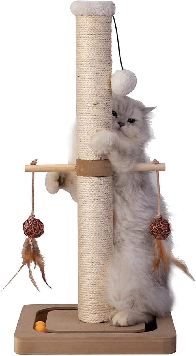 PEEKAB Cat Scratching Post Sisal Scratch Posts for Indoor Kittens and Cats,with Interactive Tracking Toys Suitable for Vertical Scratcher of Small and Medium-Sized Cats 25 Inches Beige