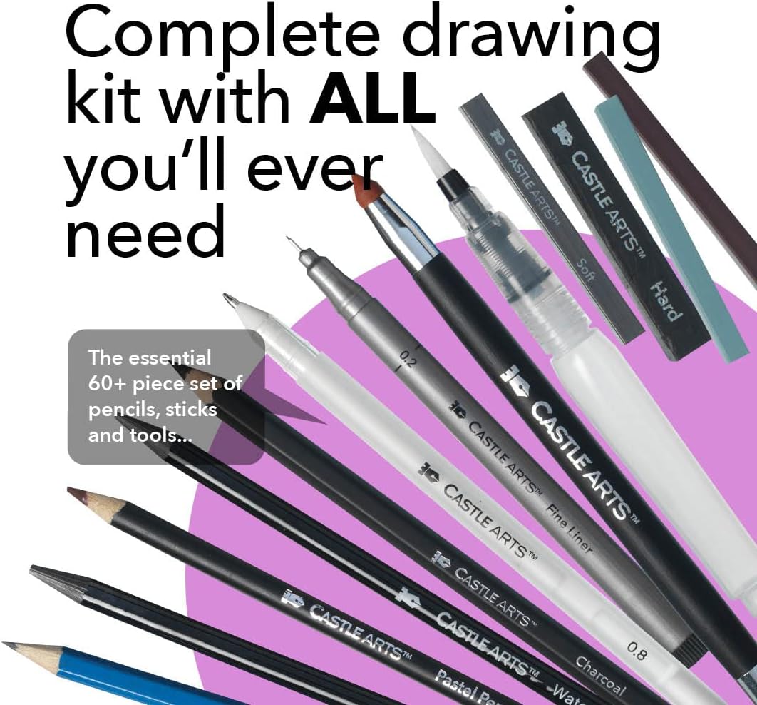 Castle Art Supplies 60 Piece Drawing, Sketching and Charcoal Set for Adults